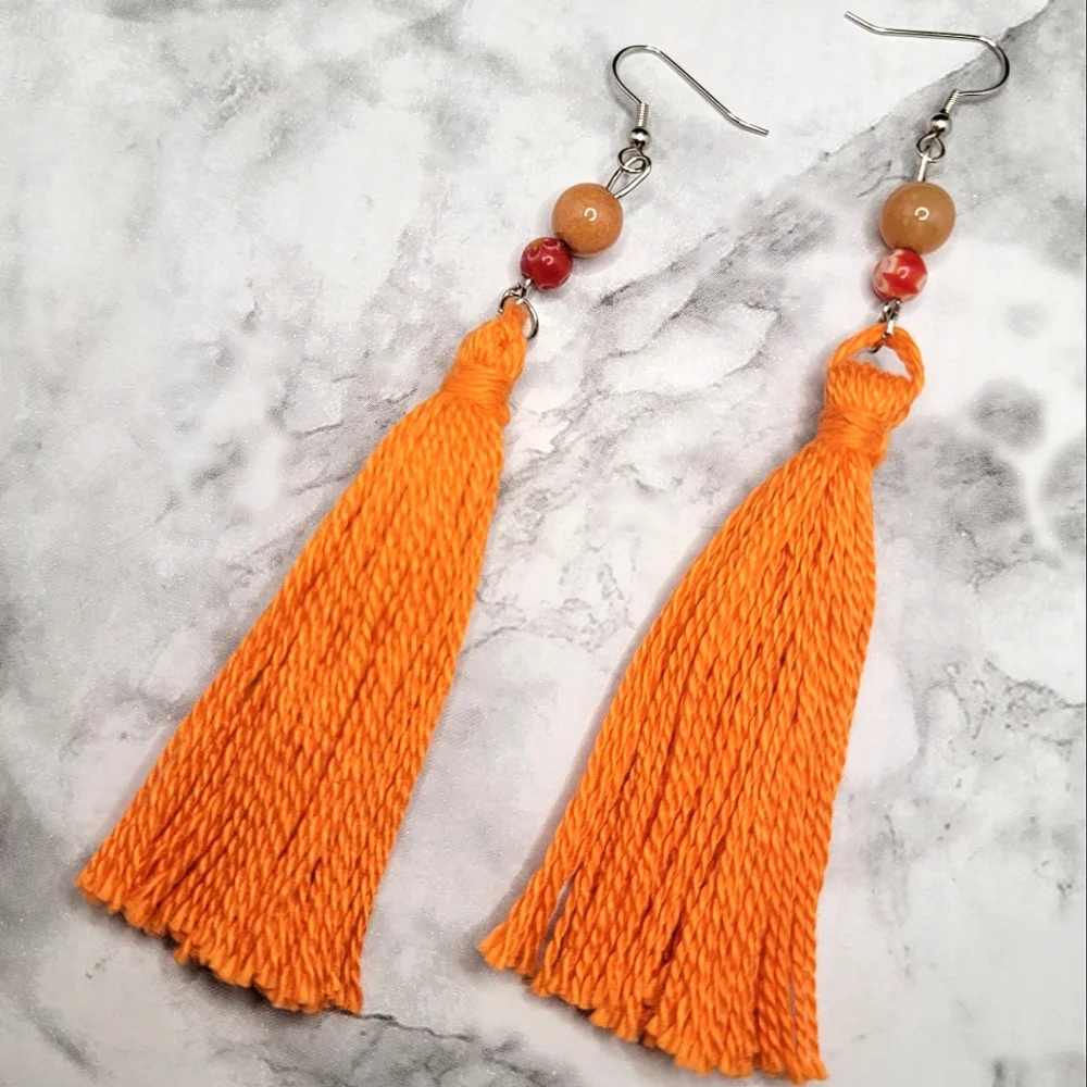 Handmade Tassel Earrings Orange Glass and Stone Bead